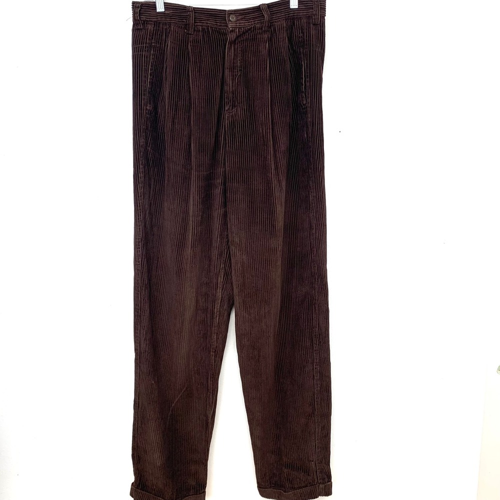 Vintage 90s Eddie Bauer Brown Pleated Corduroy Pants High Waisted Sz 8 Tall 32"